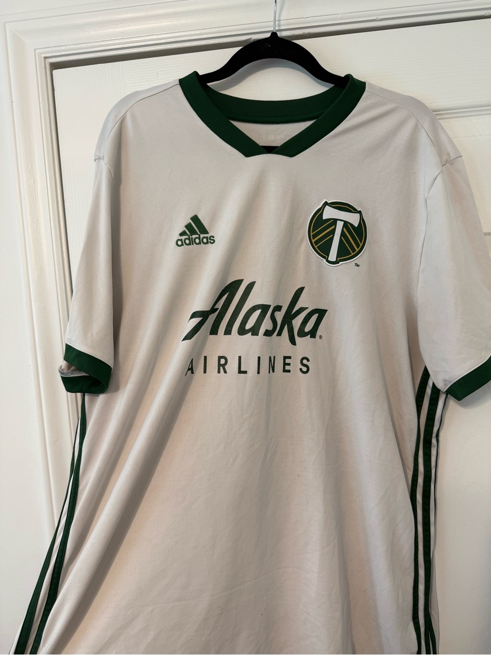 adidas White and Dark Green Portland Timbers Soccer Jersey